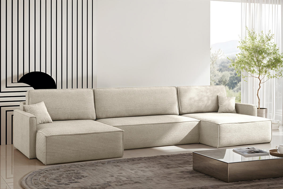 ECKSOFA Carlos Mit Schlaffunktion und Bettkasten Elegante Stoff Poso Beige - Beige, Holz/Textil (348/142cm) - Kaiser Möbel
