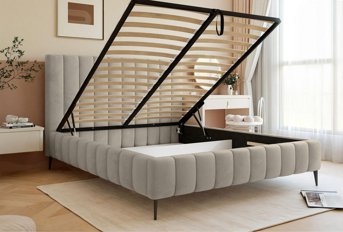 POLSTERBETT Fiarro mit Metallfüßen, Hellbeige, Velours, 140x200 cm - Ecru, Textil/Metall (140/200cm) - Selsey