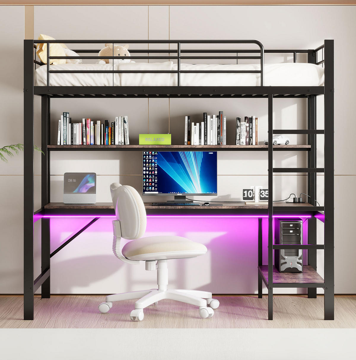 VYSOKÁ posteľ 90/200 cm čierna z kovu a MDF s písacím stolom policami LED osvetlením USB a zásuvkou - čierna, kov (90/200cm) - OKWISH