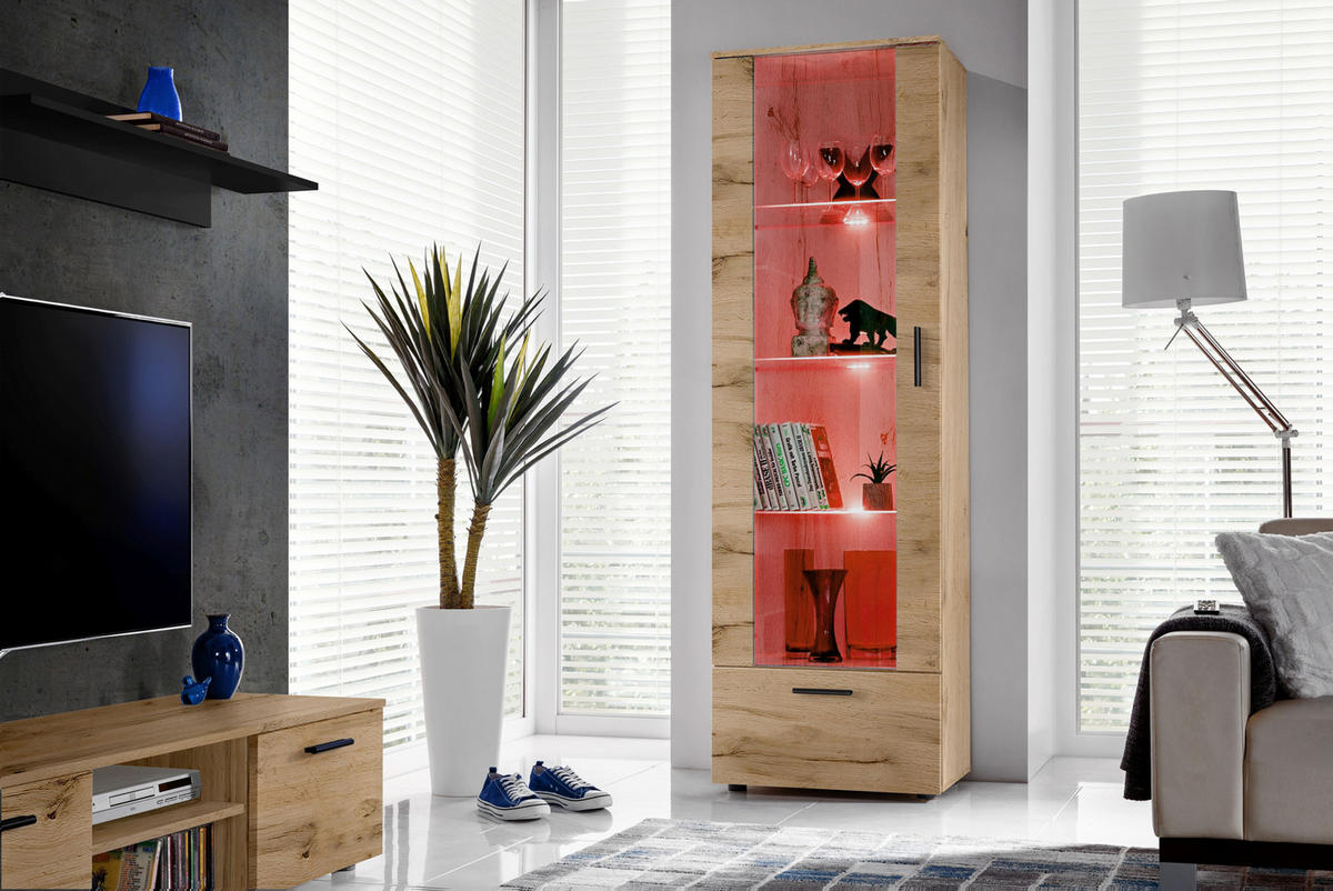 VITRINE ALESSANDRIA, Wotan, LED Mehrfarbige - Eiche Wotan/Schwarz, Glas/Holzwerkstoff (60/192/42cm) - Komodee