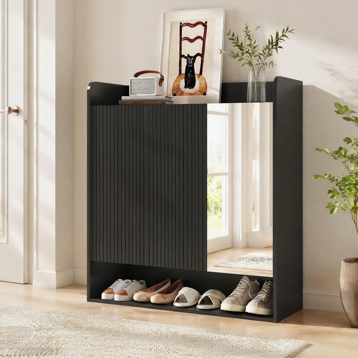 SCHUHSCHRANK in Schwarz Schuhkommode mit Ganzkörperspiegel und mehrstöckigem Schuhregal für Flur, B110/T35.5/H110cm - Schwarz, Holzwerkstoff/Metall (110/110/35.5cm) - STILVORA
