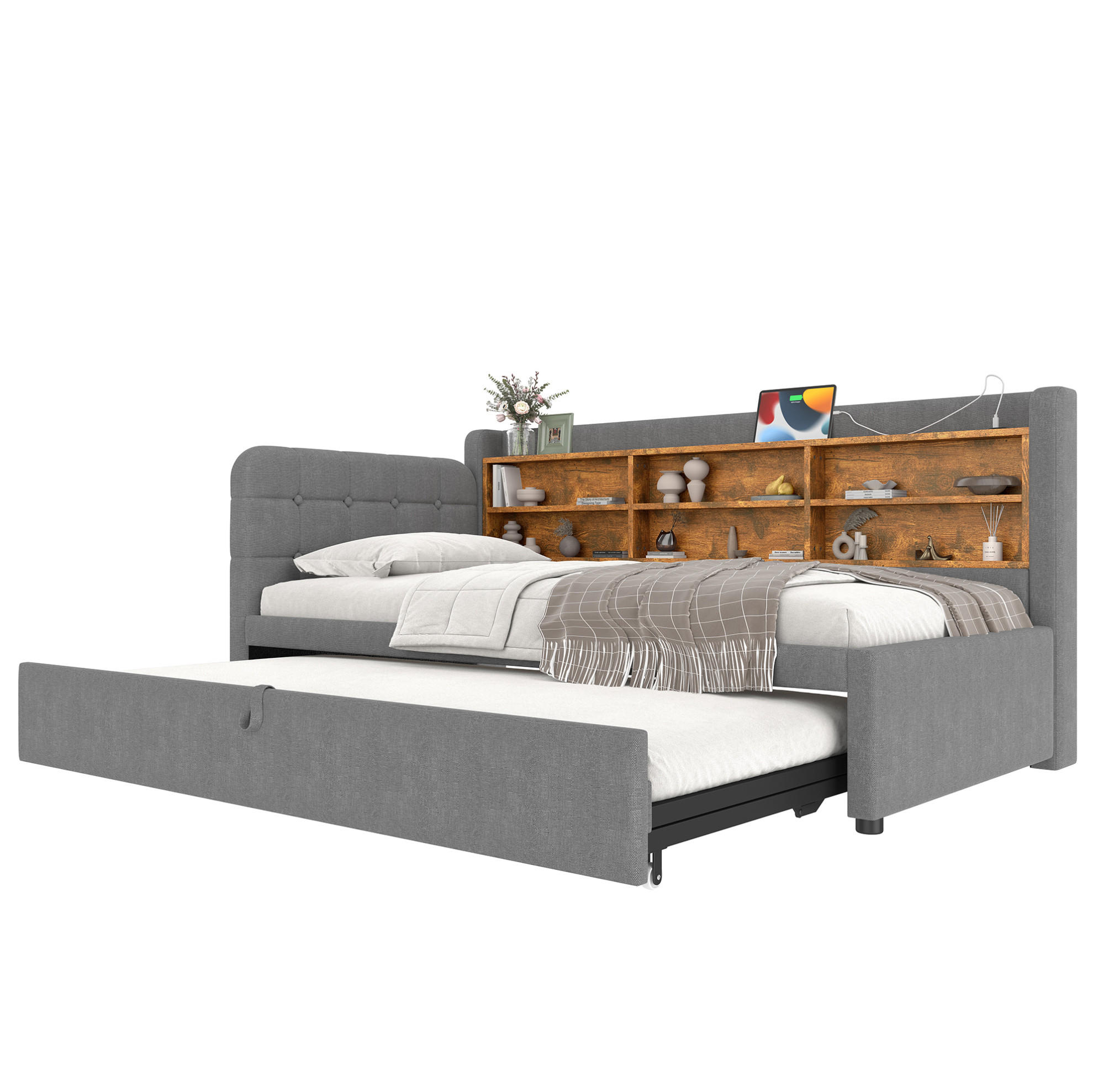 DAYBETT 90/200 cm mit Ausziehbett, USB- und Typ-C-Anschluss, Ablagefächern und Leinenbezug, Grau - Grau, Textil (90/200cm) - Redom