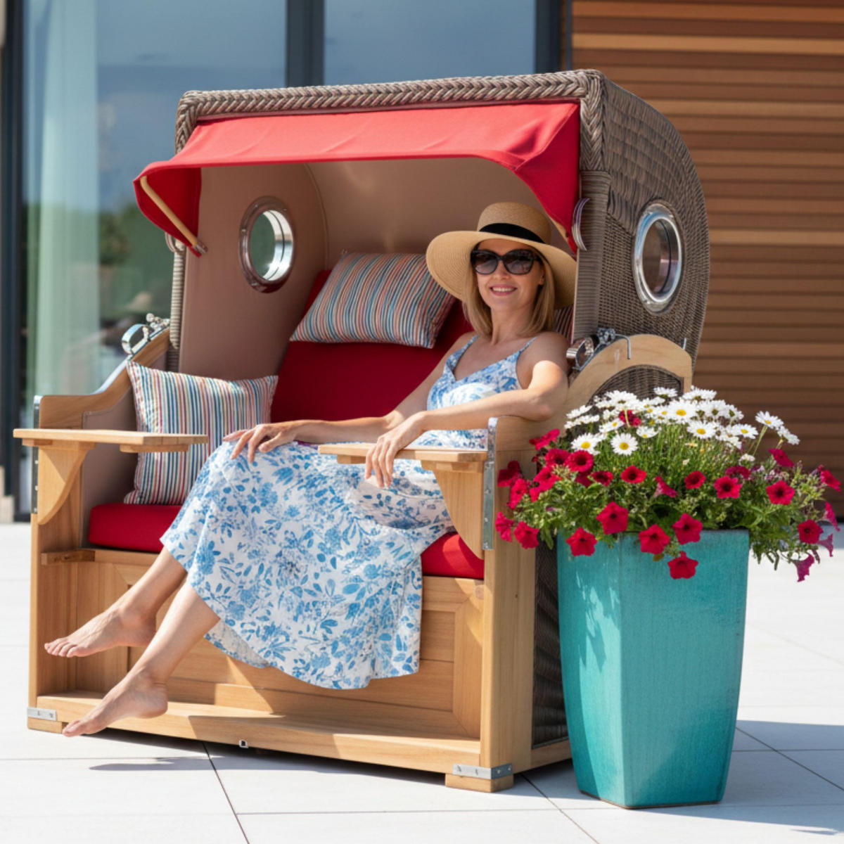 STRANDKORB Baltikum Teak 2,5 Sitzer - Rot/Braun, Holz/Metall (142/170/95cm) - Mr. Deko