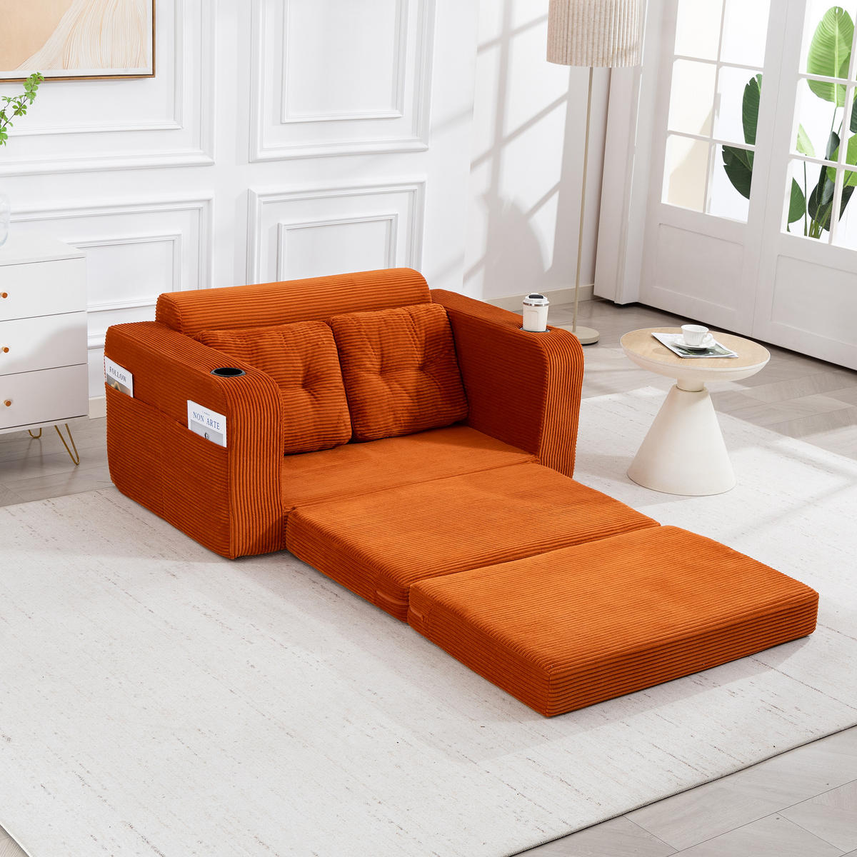 SCHLAFSOFA in Orange Cord mit Getränkehalter und Seitentaschen - Orange, Textil (136/82.5/80cm) - Oxeza