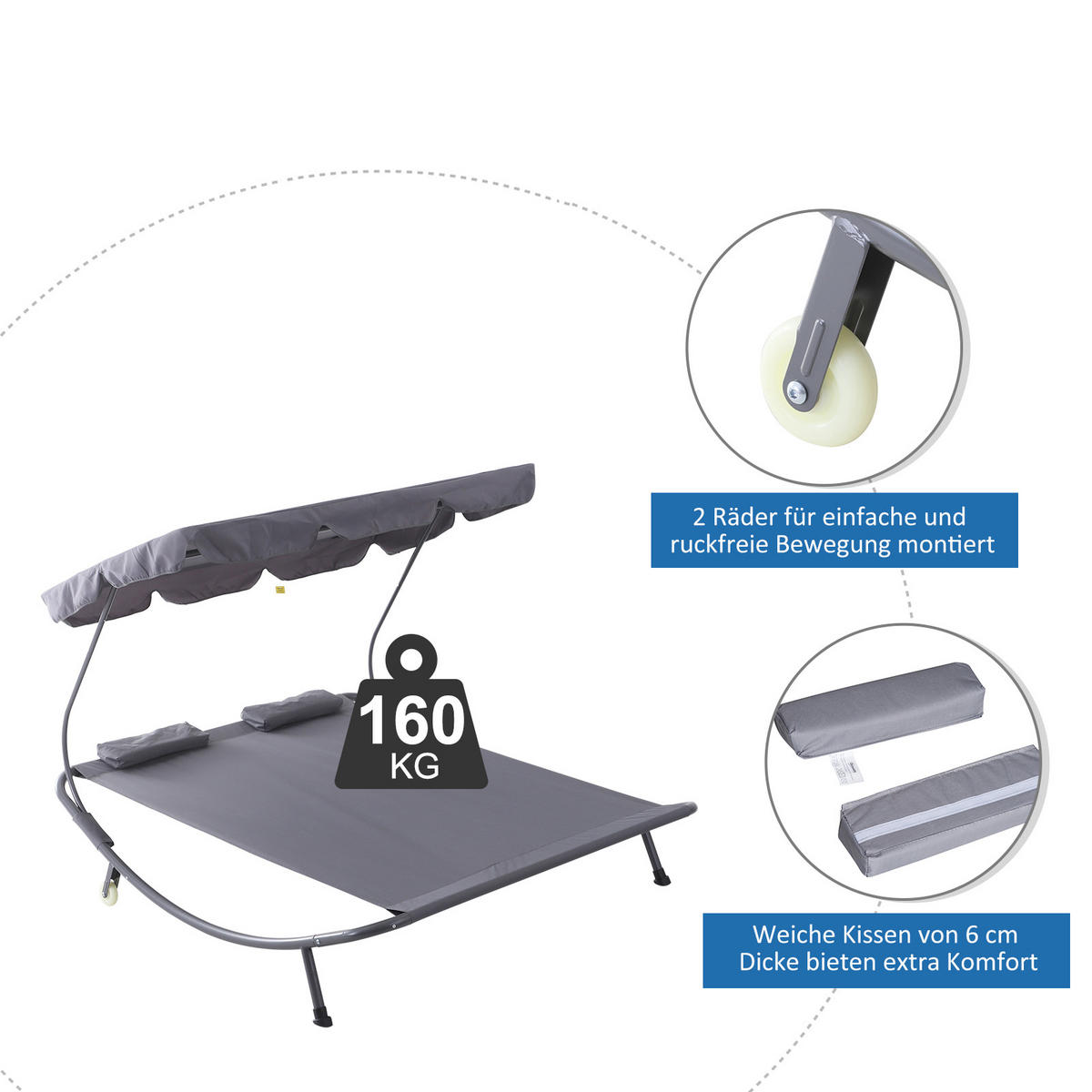 DOPPELLIEGE - Grau, Textil/Metall (170/134/200cm) - Outsunny