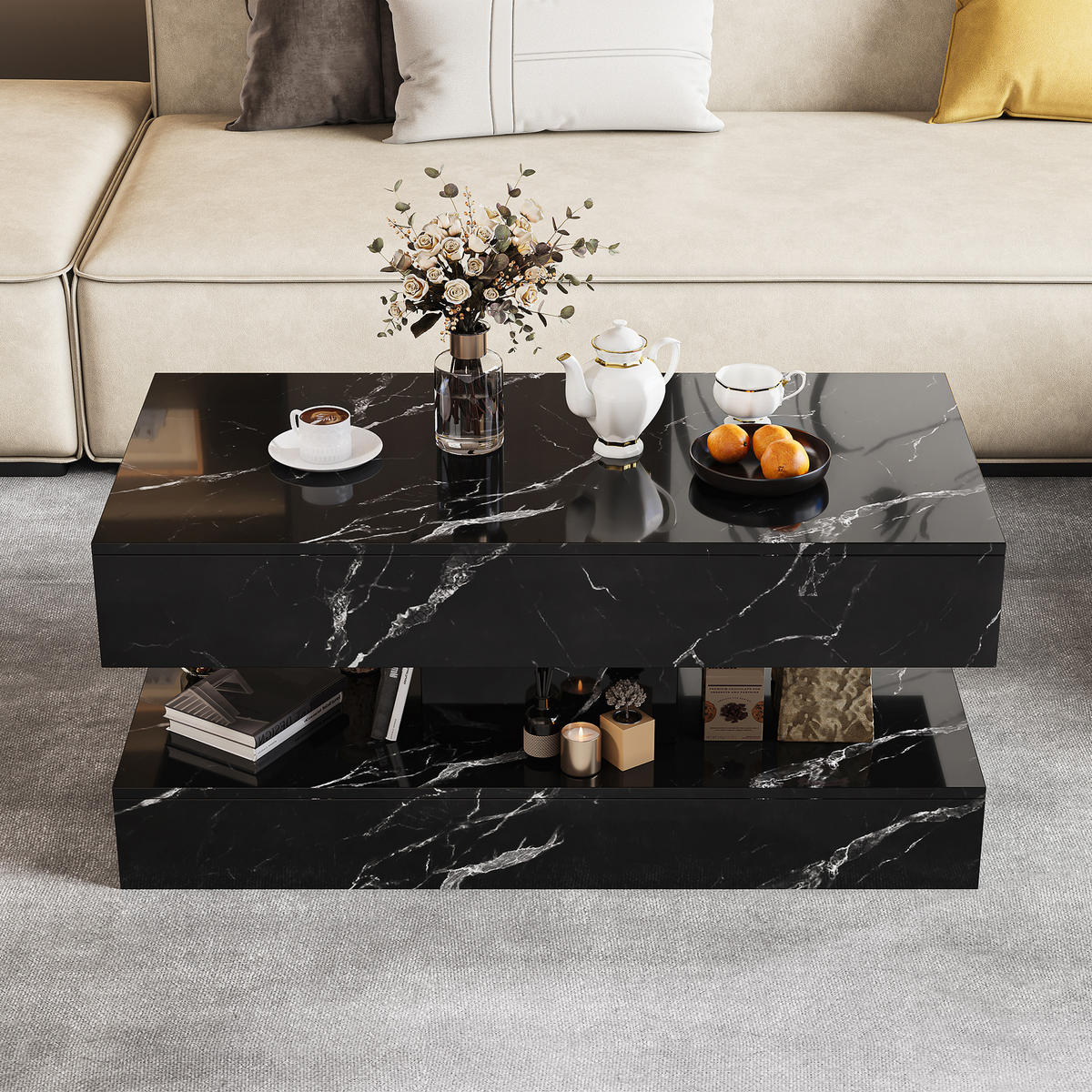 COUCHTISCH 100x50 cm Schwarz Hochglanz Marmoroptik mit LED-Beleuchtung & Schubladen - Schwarz, Holz (100/50/45cm) - SHOPENTRA