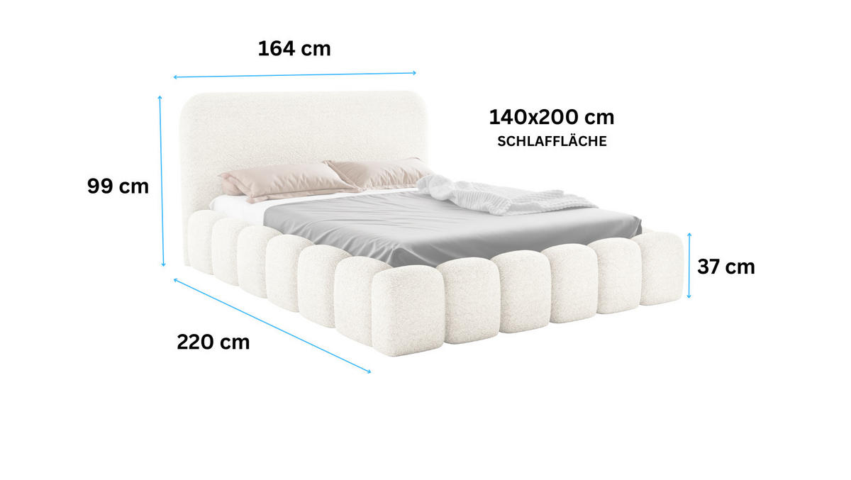 POLSTERBETT MONI 140x200 mit Bettkasten und Lattenrost – Bouclé Stoff MONTE Creme - Schwarz, Textil (140/200cm) - Luxkor24