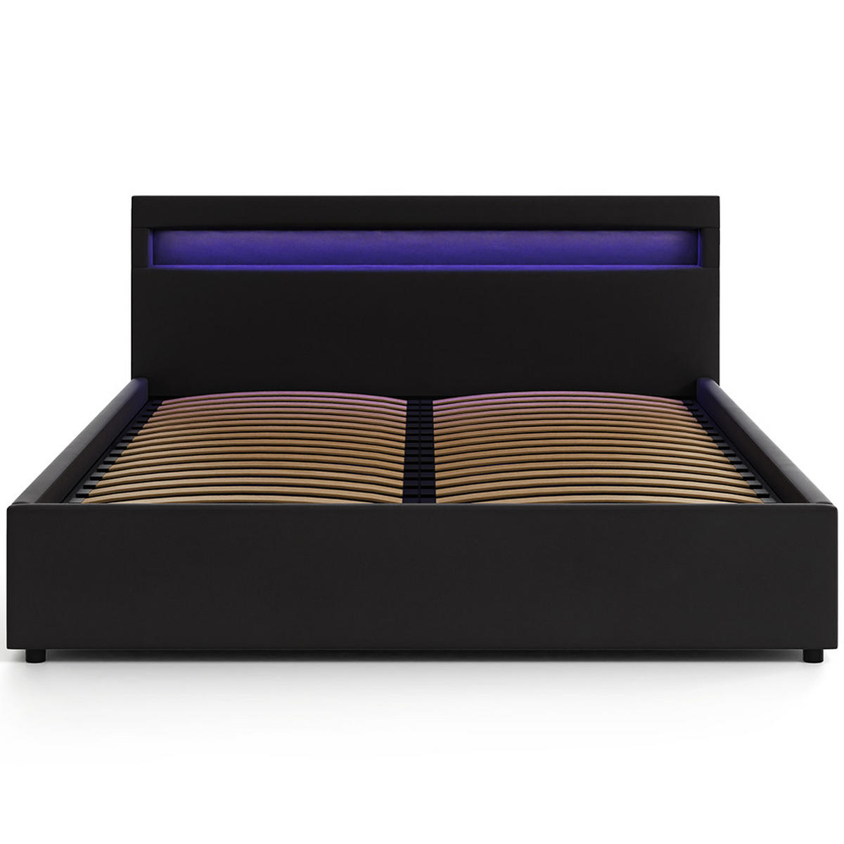 POLSTERBETT 140×200 mit Bettkasten und Lattenrost Nira Öko-Leder schwarz LED - Schwarz, Holz (140/200cm) - Jana