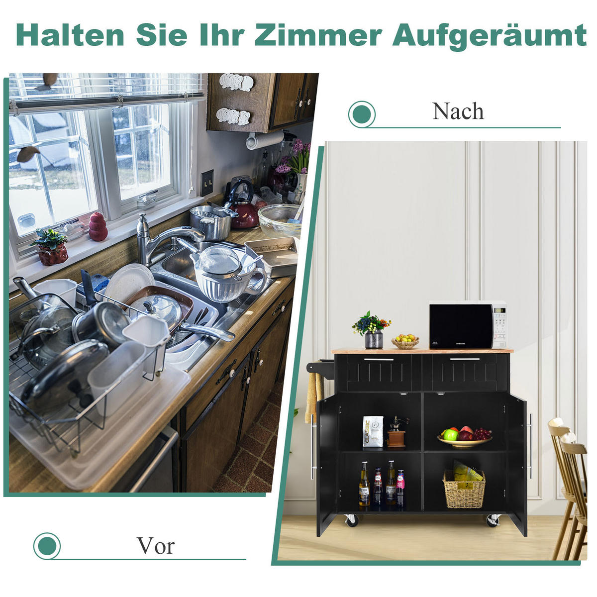 KÜCHENWAGEN servierwagen mit rollen Schwarz - Schwarz, Holz (46/95/94cm) - COSTWAY