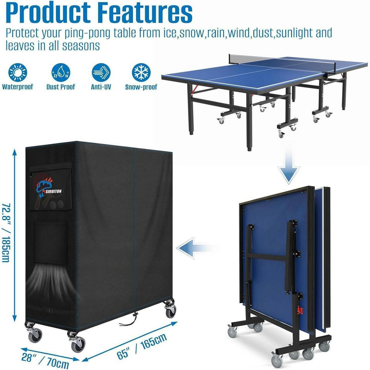 TISCHTENNISPLATTEN-ABDECKUNG 165 x 70 x 185 cm Wasserdicht Schwarz - Schwarz, Textil (70/165/185cm)