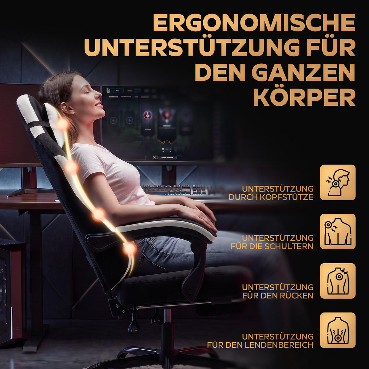 GAMINGSTUHL DE-40995 mit Nackenkissen und Rückenkissen Schwarz/Weiß - Weiß, Metall (58.5/120.5/63cm) - ComfortXL