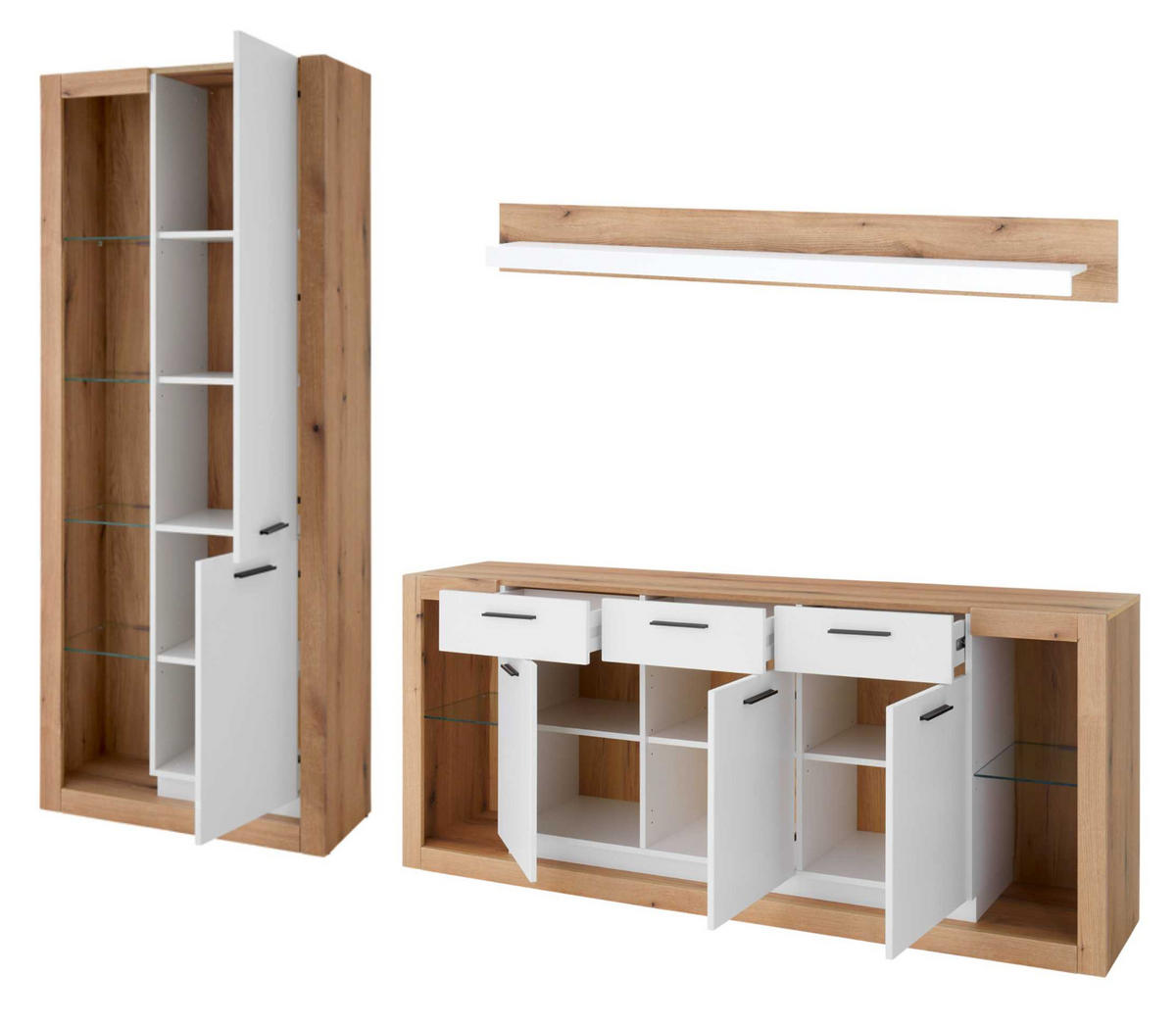 WOHNWAND weiß matt, Evoke Eiche, Wohnkombination Set 3-teilig 298 cm - Eichefarben/Silberfarben, Glas/Holzwerkstoff (298/195/43cm) - Furn.Design