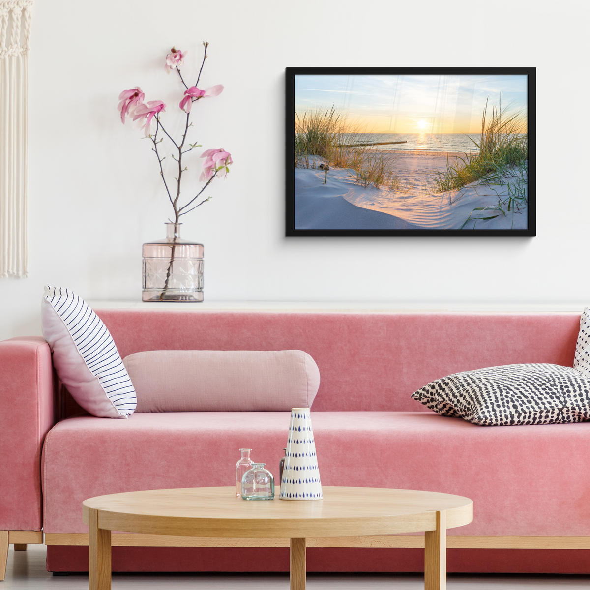 ZARÁMOVANÝ PLAGÁT Pláž - Slnko - Duny - Tráva - Piesok - Horizont 60x40 cm - svetlomodrá, papier (60/40cm) - MuchoWow