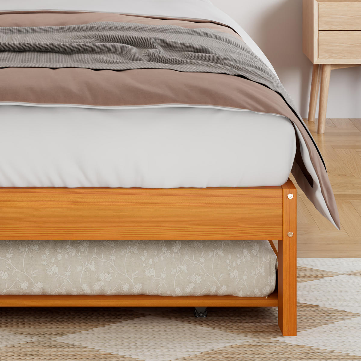 BETT 90/200 cm & 90/190 cm in Natur mit Ausziehbett und abgerundetem Kopfteil Holzdesign - Naturfarben, Holzwerkstoff (90/200cm) - STILVORA
