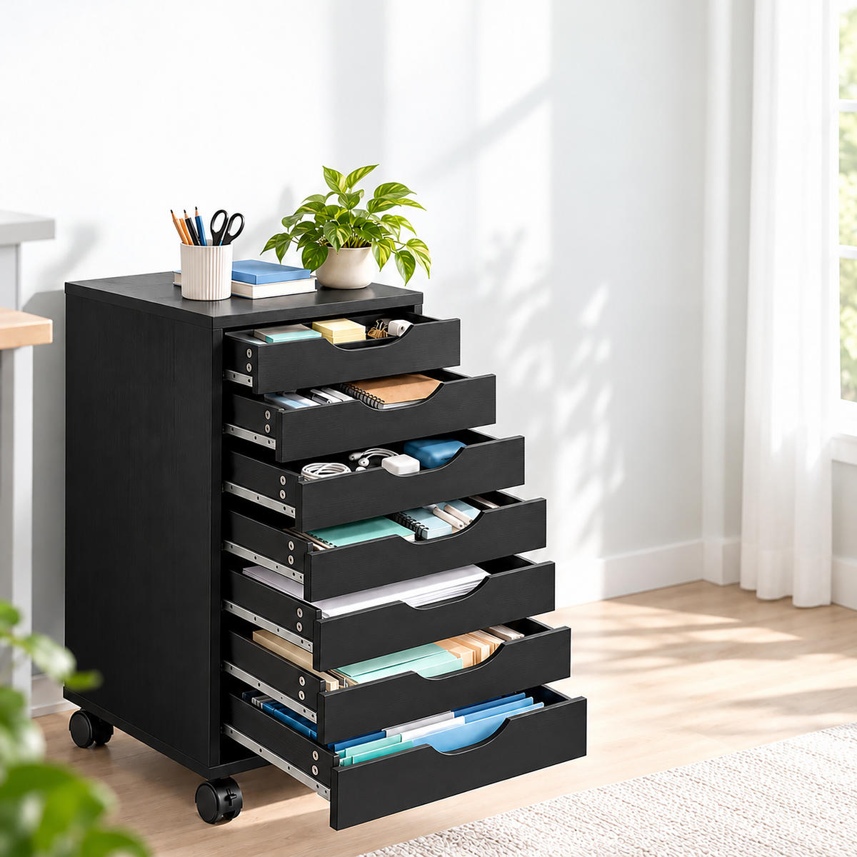 ROLLCONTAINER Industrial-Schwarz 7 Schubladen - Schwarz, Holzwerkstoff/Kunststoff (45/69/40cm) - Relaxdays