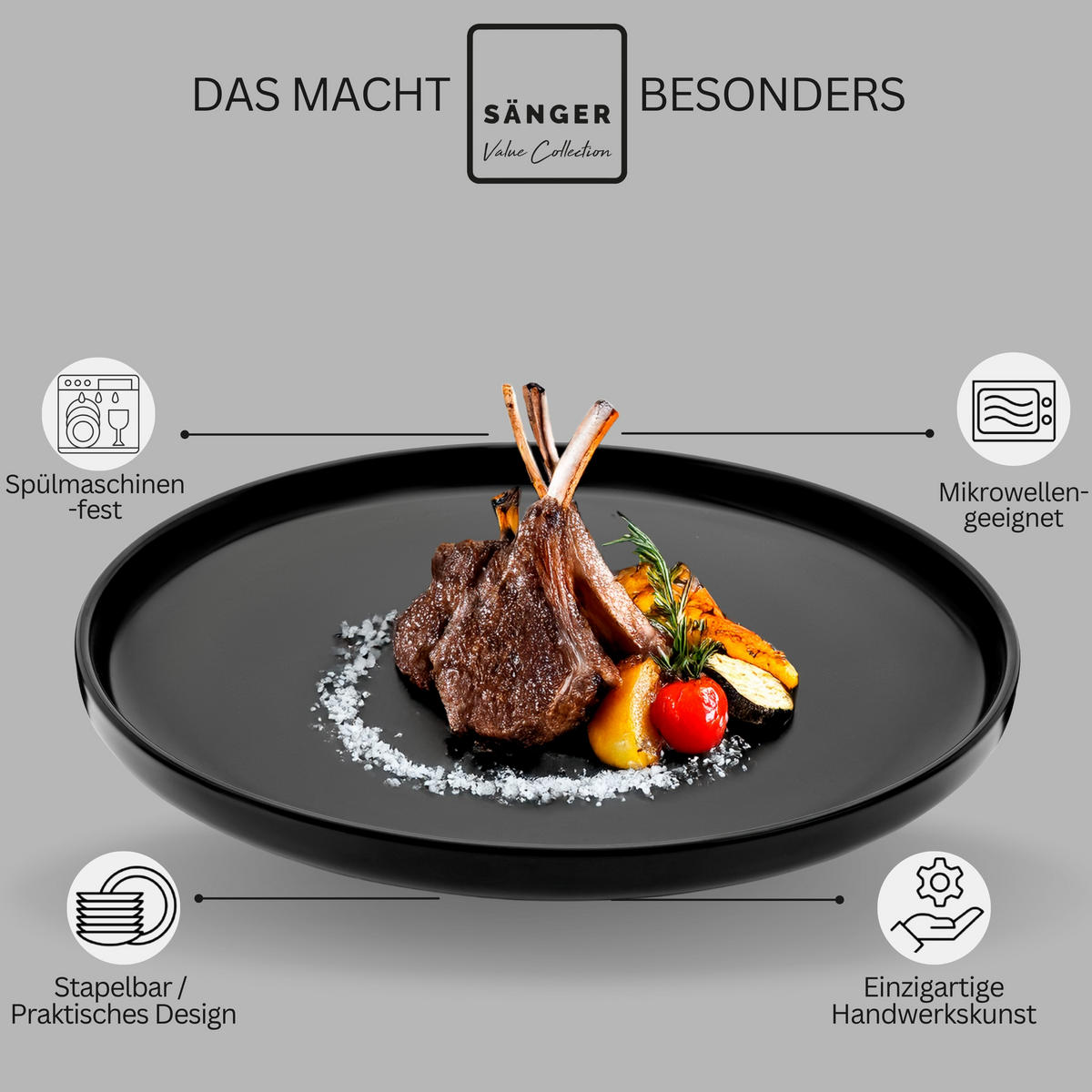 SPEISETELLER SET MADEIRA- 6 teilig aus Steingut - Schwarz, Keramik (27cm) - Sänger