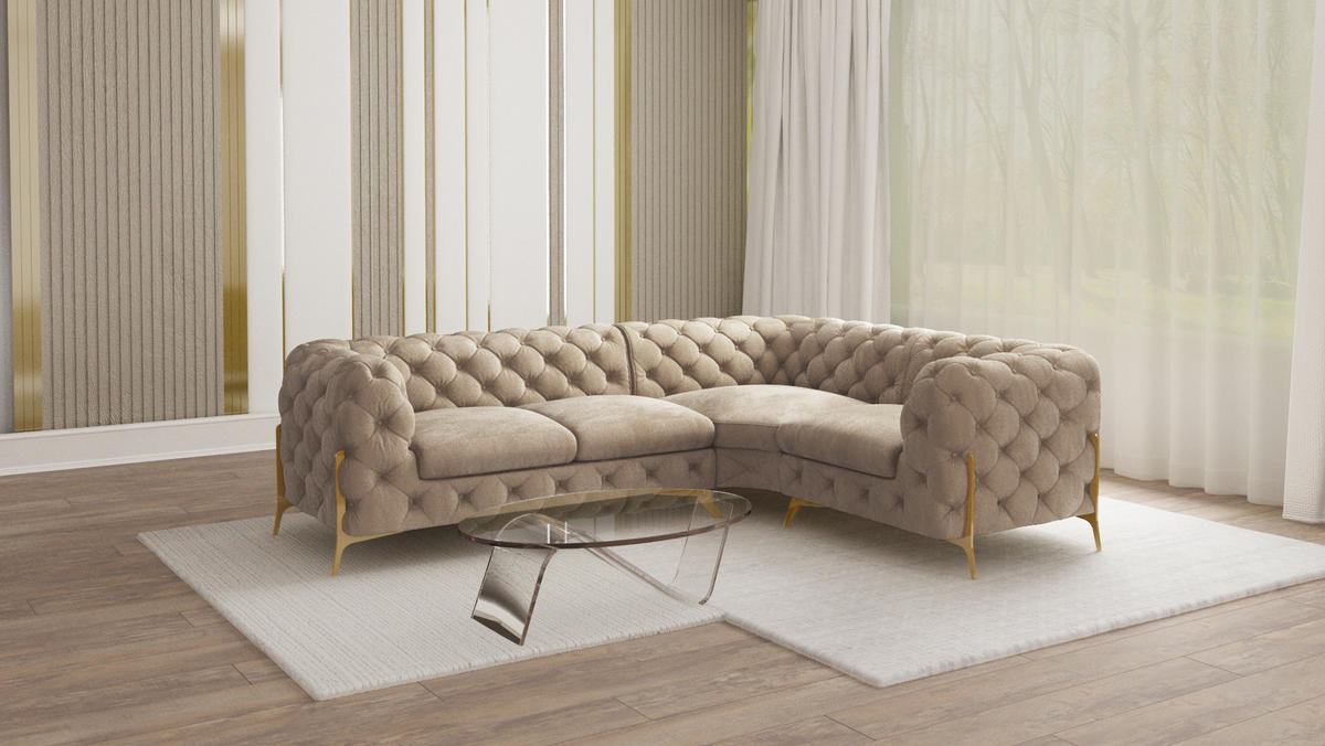 ECKSOFA Chesterfield Lexi Dunkle Creme Samt, Ottomane rechts - Goldfarben/Creme, Holz/Textil (264/204cm) - S-Style Möbel