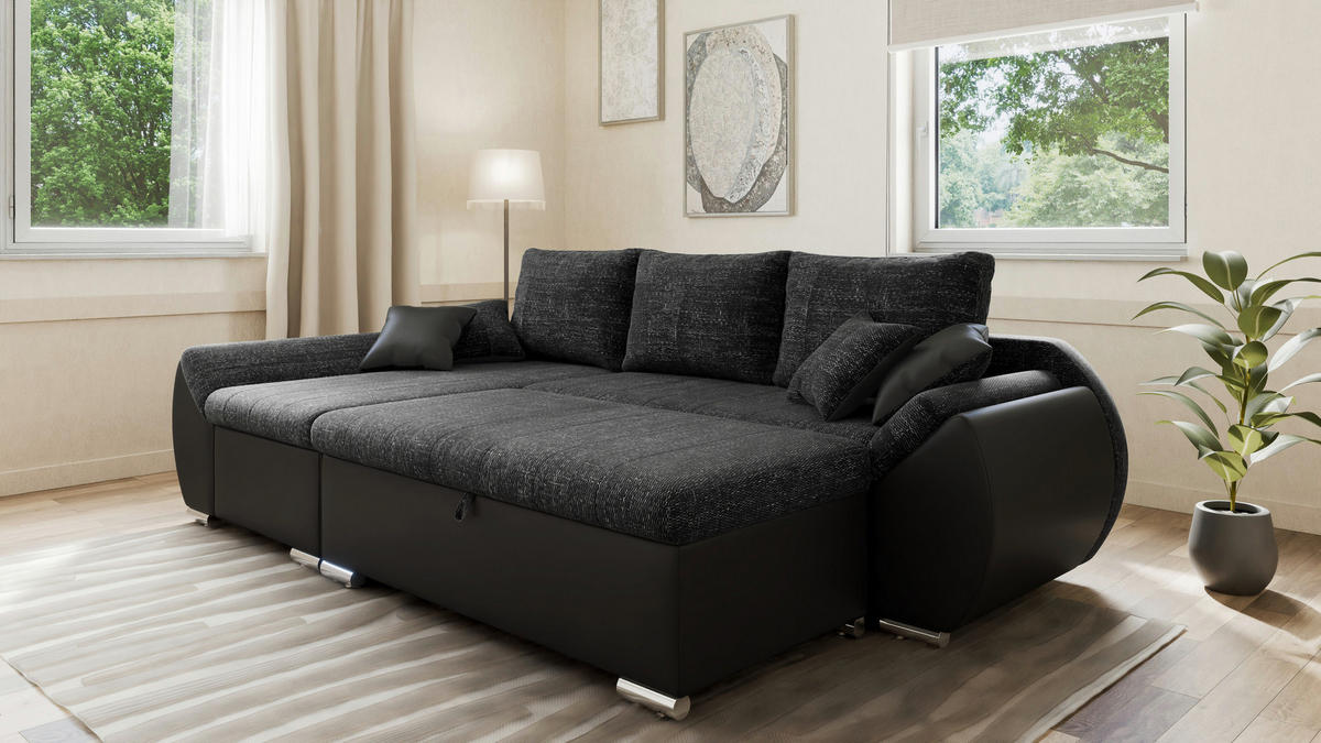 ECKSCHLAFSOFA ALEX – Schwarz (Lawa 06 + Soft 11) + Hocker - Links - Schwarz, Holzwerkstoff/Metall (275/155cm) - Möblo