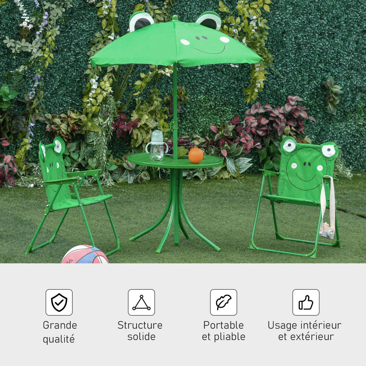 KINDERSITZGRUPPE DE-17546 Frosch-Design mit Sonnenschirm Grün - Grün, Metall (50/46/50cm) - ComfortXL