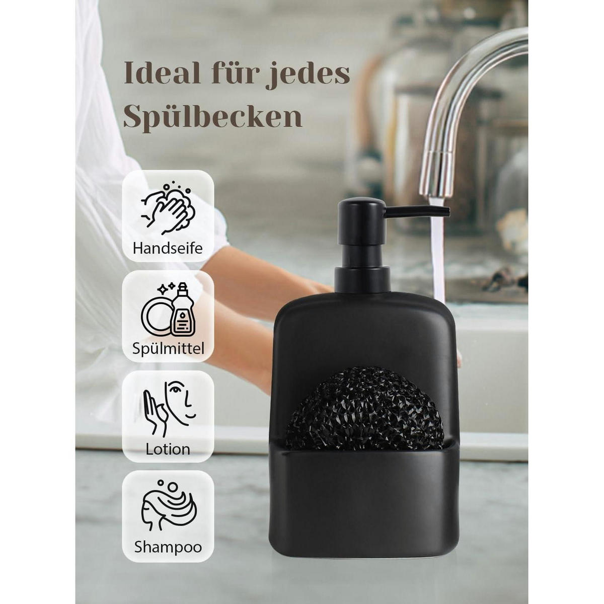 SEIFENSPENDER mit Schwammhalter Keramik Matt Schwarz 600ml - Schwarz, Keramik (10.5/20/9.5cm)