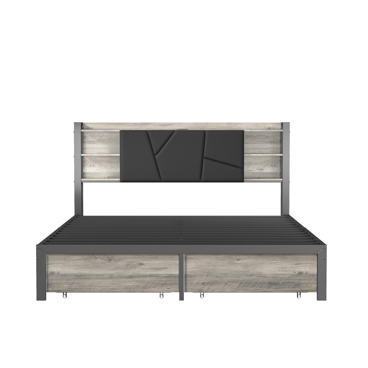 DOPPELBETT 140 x 200 cm, Kopfteil mit LED-Beleuchtung und USB-Anschlüssen, mit 2 Schubladen und Staufächern, PU - Schwarz, Holzwerkstoff - WoodenAura