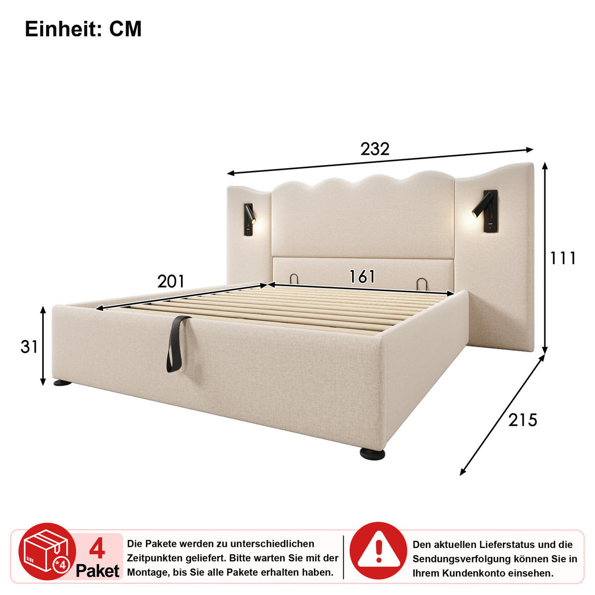 ČALOUNĚNÁ POSTEL 160 × 200 cm v béžovém lnu s úložným prostorem, lampičkou na čtení a USB/USB-C - béžová, kov/kompozitní dřevo (160/200cm) - WISHDOR