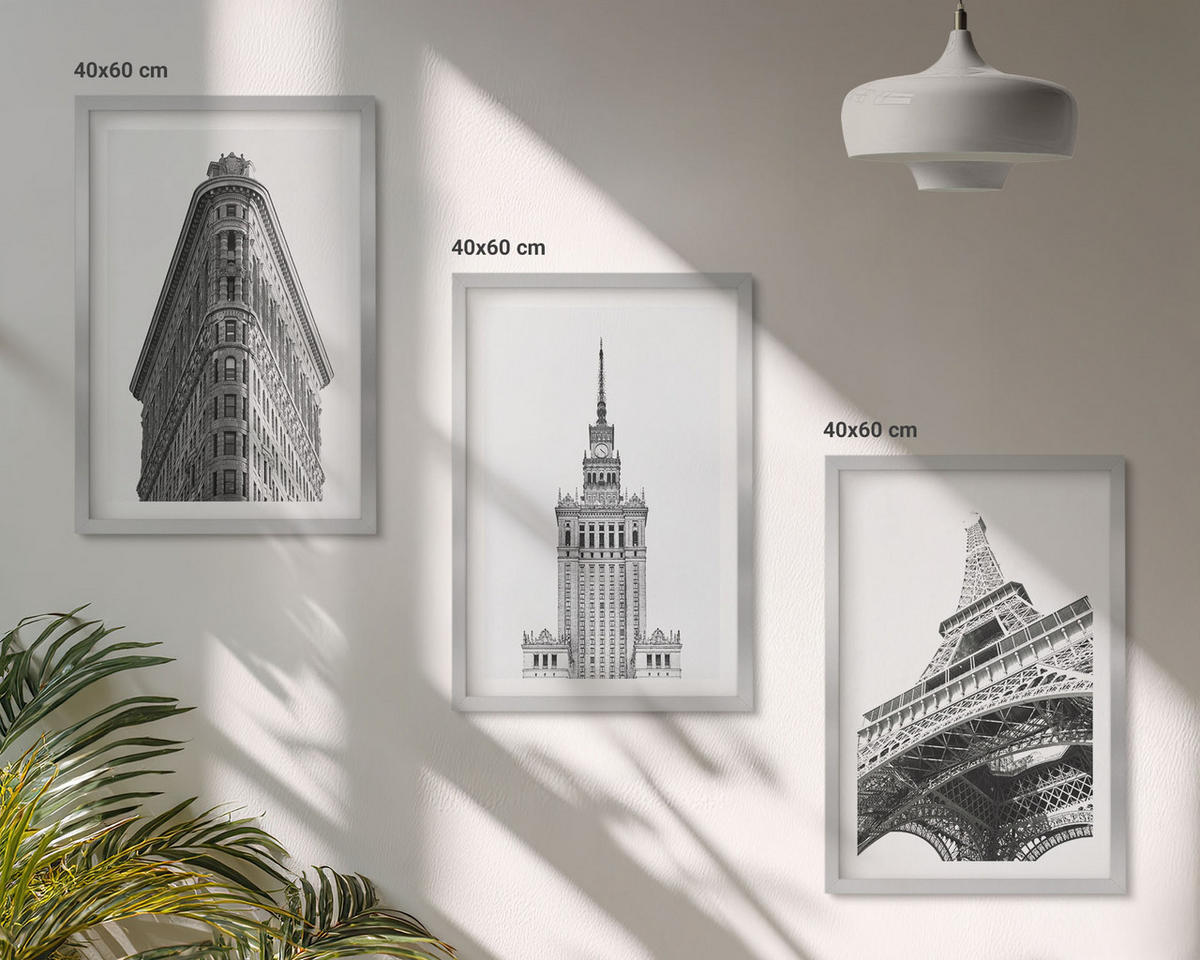 BILDER SET 3er Set - 40x60 cm Silberner Rahmen - Architektonische Schwarz-Weiß-Gebäude - Silberfarben, Kunststoff (40/60cm) - TULUP