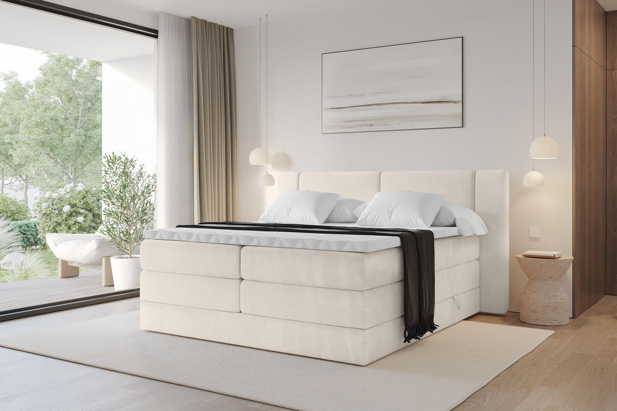 BOXSPRINGBETT mit Matratze H3/H4 - EVON KING - 140x200 cm Beige - Beige, Holzwerkstoff (140/200cm) - ALTDECOR