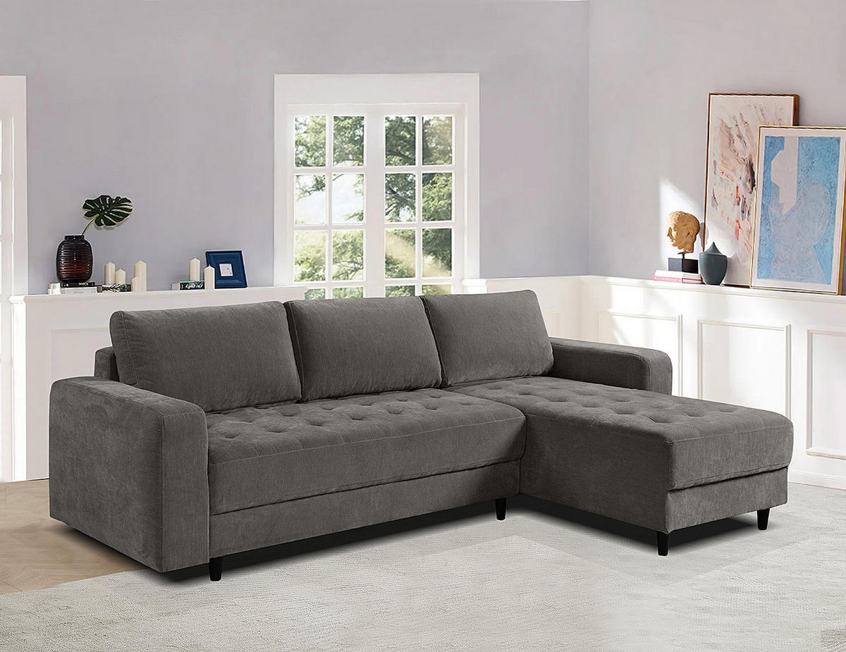 ECKSOFA mit Schlaffunktion - Flachgewebe - Anthrazit/Schwarz, Holz/Textil (240/156cm) - home24