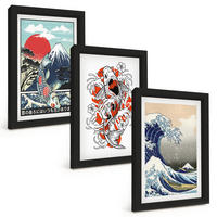 BILDER SET 3er Set - 20x30 cm Schwarzer Rahmen - Berge von Fischen Große Welle Japan - Schwarz, Kunststoff (20/30cm) - TULUP
