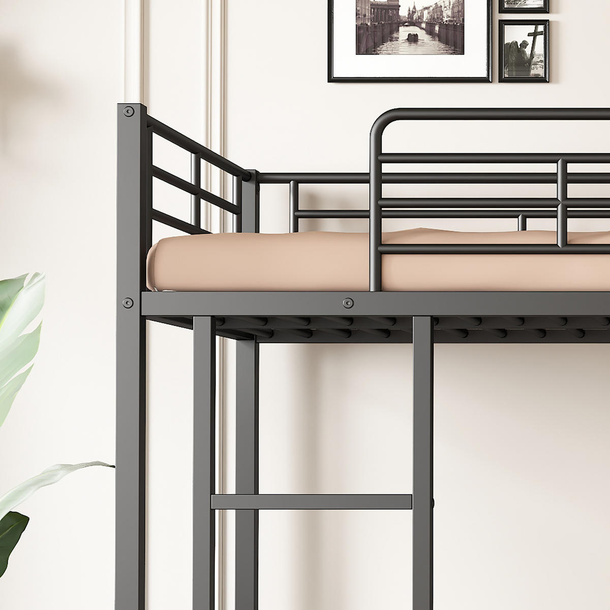 ETAGENBETT 90/200 cm & 90/200 cm in Schwarz mit Schuhregal, 2 Schränken und Leiter Metall - Schwarz, Metall (90/200cm) - STILVORA