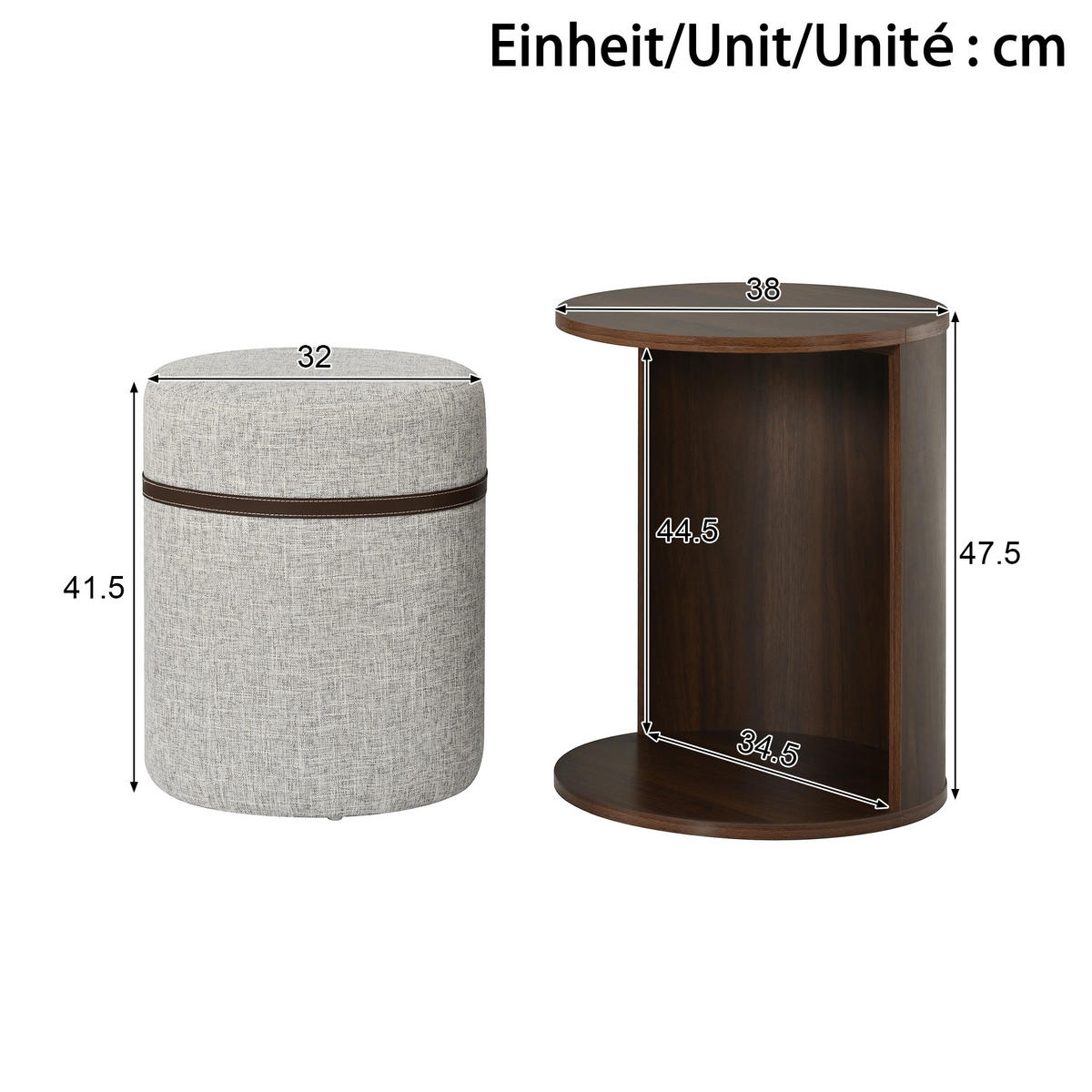 COUCHTISCH SET mit Hocker, rund, MDF mit Stauraum - Walnussfarben, Holzwerkstoff (38/38/47.5cm) - FLIEKS