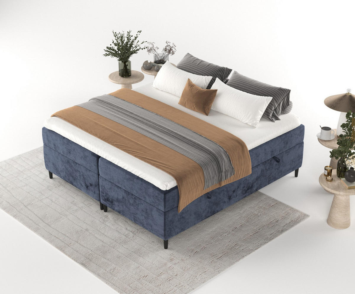 BOXBETT Theo 140/200 cm Marineblau im Lotta Stoff - Schwarz/Dunkelblau, Holz/Holzwerkstoff (140/200cm) - AltaBeds