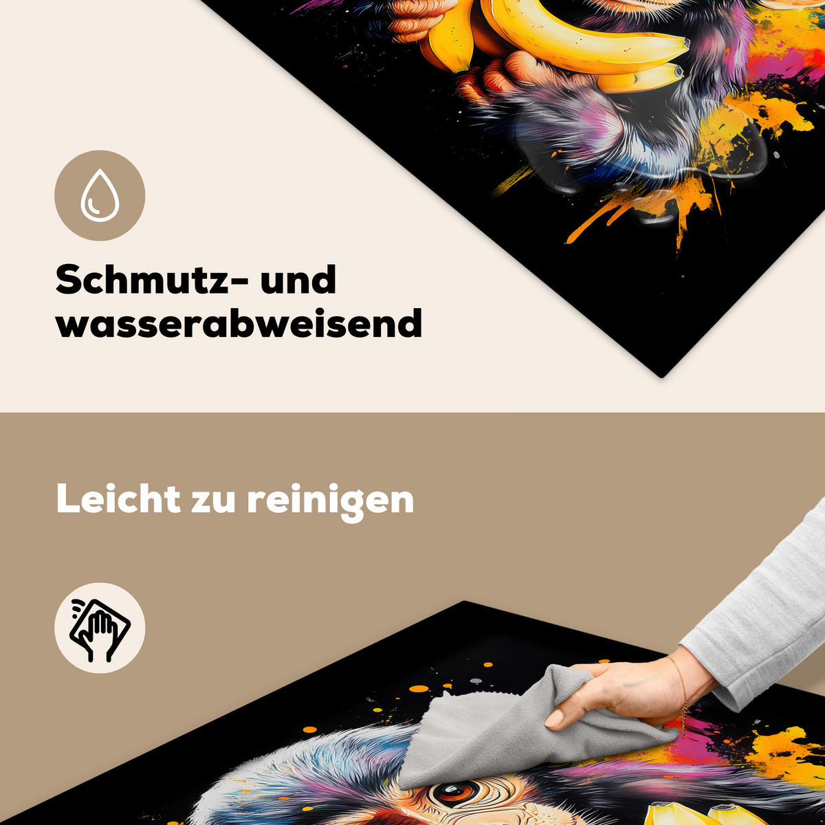 HERDABDECKPLATTE Affe - Graffiti - Farbenfroh - Bananen - Modern 78x78 cm - Gelb, Kunststoff (78/78/0.2cm) - MuchoWow