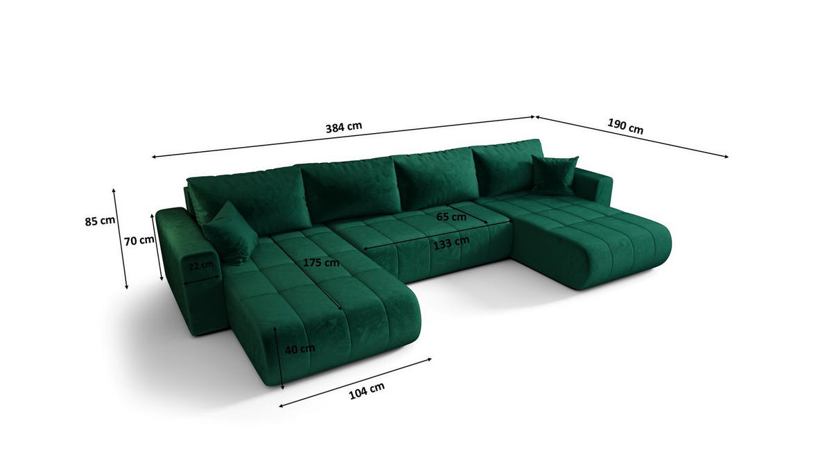 ECKSOFA mit schlaffunktion und bettkasten MILO U, stoff MONOLITH, Grün - Grün, Holz (384/190cm) - Kaiser Möbel