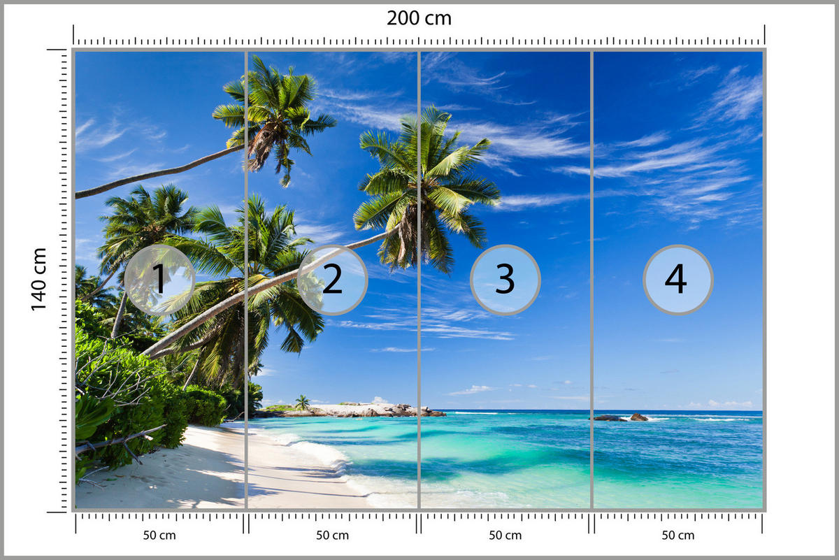 FOTOTAPETE Strand Ozean Palmen Landschaft 3D 200x140 - Türkis/Blau, Papier (200/140cm) - Muralo
