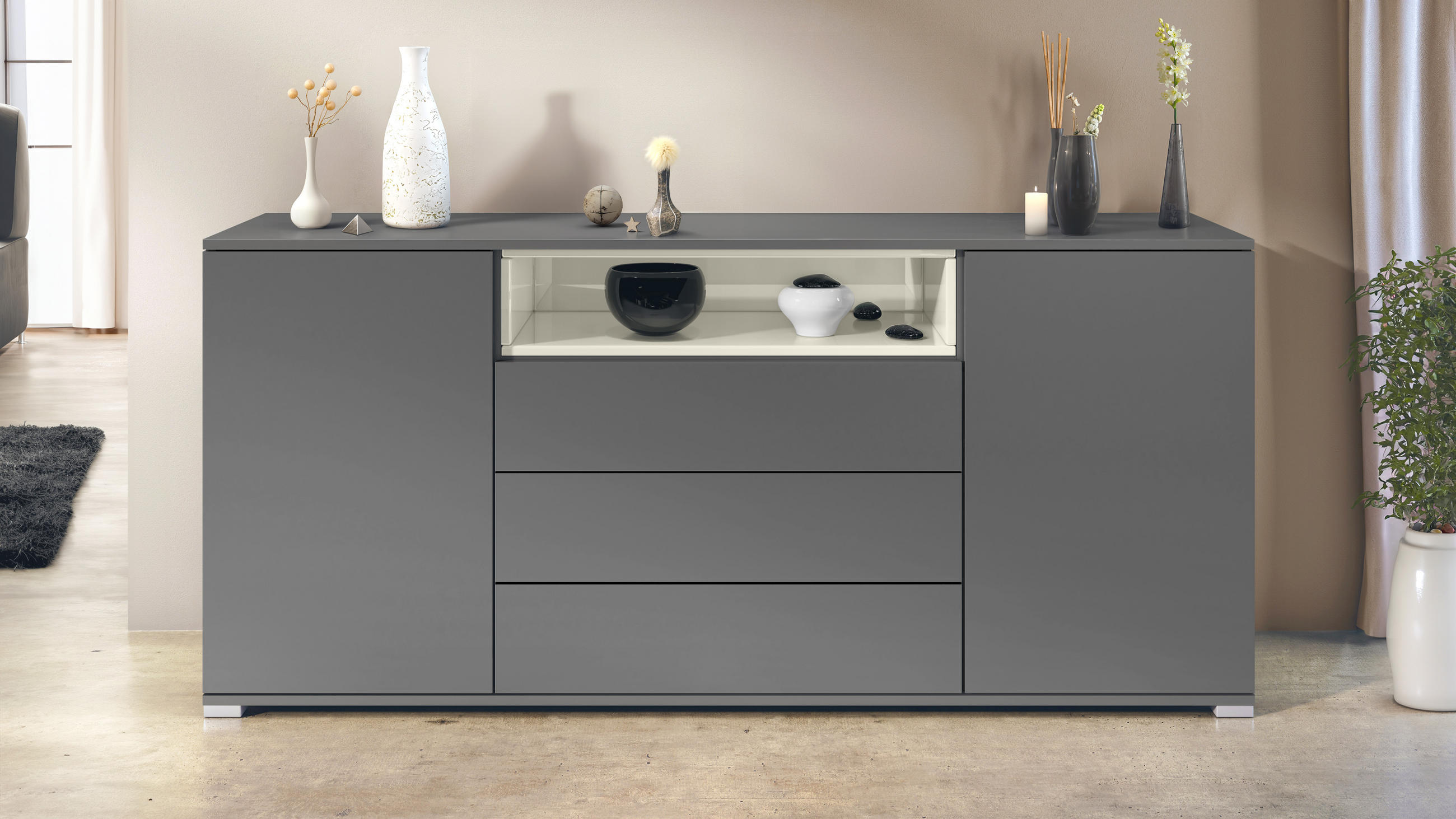 SIDEBOARD Skadu Creme Hochglanz - Creme, Holzwerkstoff (166.5/75.5/35cm) - Vladon