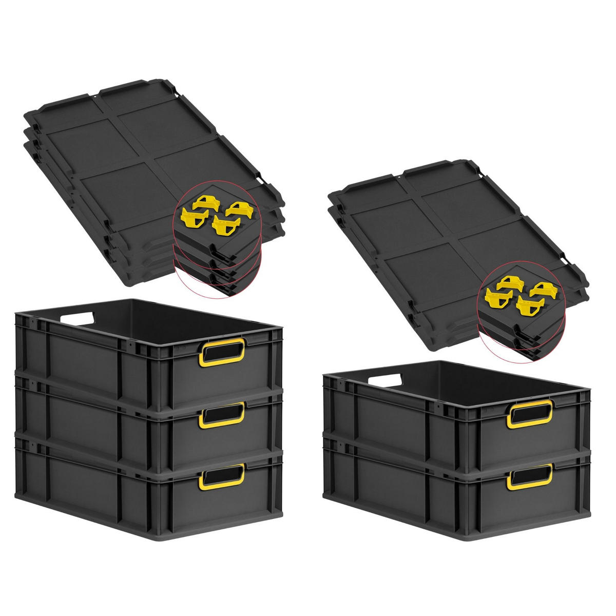 EUROBOX 5x NextGen Color mit Auflagedeckel 17x40x60 cm 34 Liter Schwarz Griffe gelb offen - Gelb/Schwarz, Kunststoff (40/17/60cm) - PROREGAL