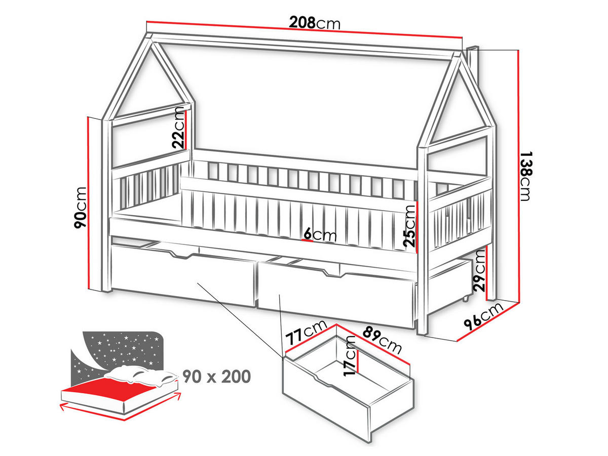 HAUSBETT Domi - Grau, Holz (90/200cm) - MIRJAN24
