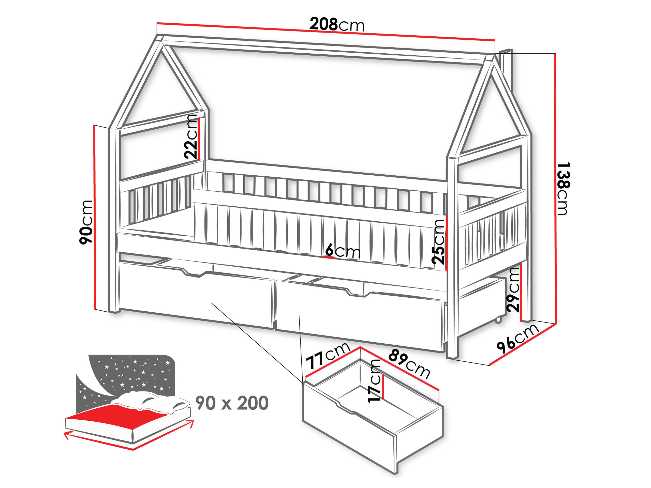 Thumbnail - Mirjan24 Hausbett, Natur, Holz, Kiefer, 2 Schubladen, Rechteckig, 90x200 cm, FSC 100%, Kinder- & Jugendzimmer, Kindermöb...