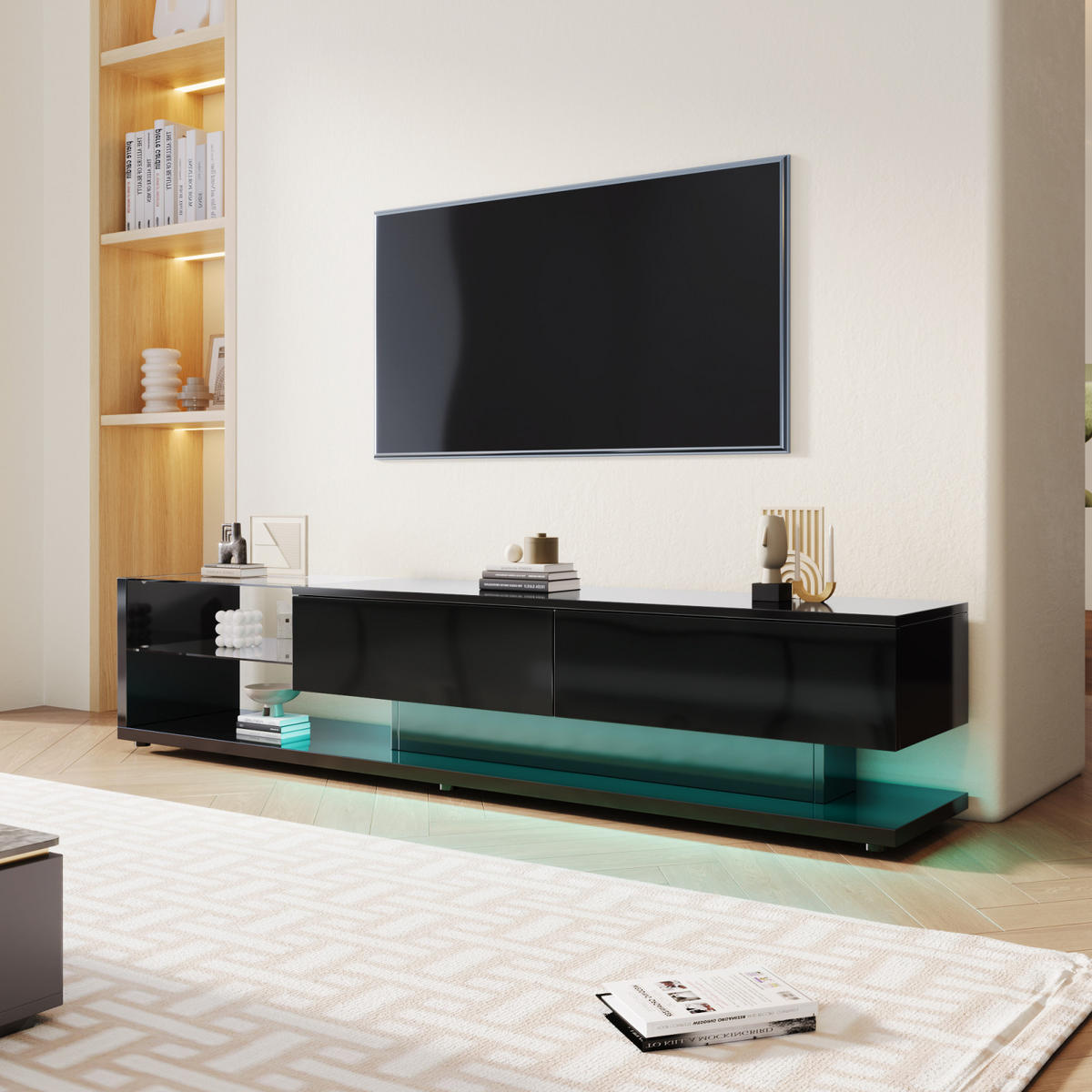 TV Lowboard LED, Glasregale, Hochglanz, Naturstil - Schwarz, Glas (133/17/46cm)