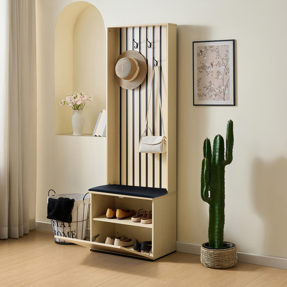 GARDEROBE Sitzbank Schuhschrank 4 Haken Stauraum Flur Organizer - Naturfarben, Holzwerkstoff (61/179.5/35cm) - FLIEKS