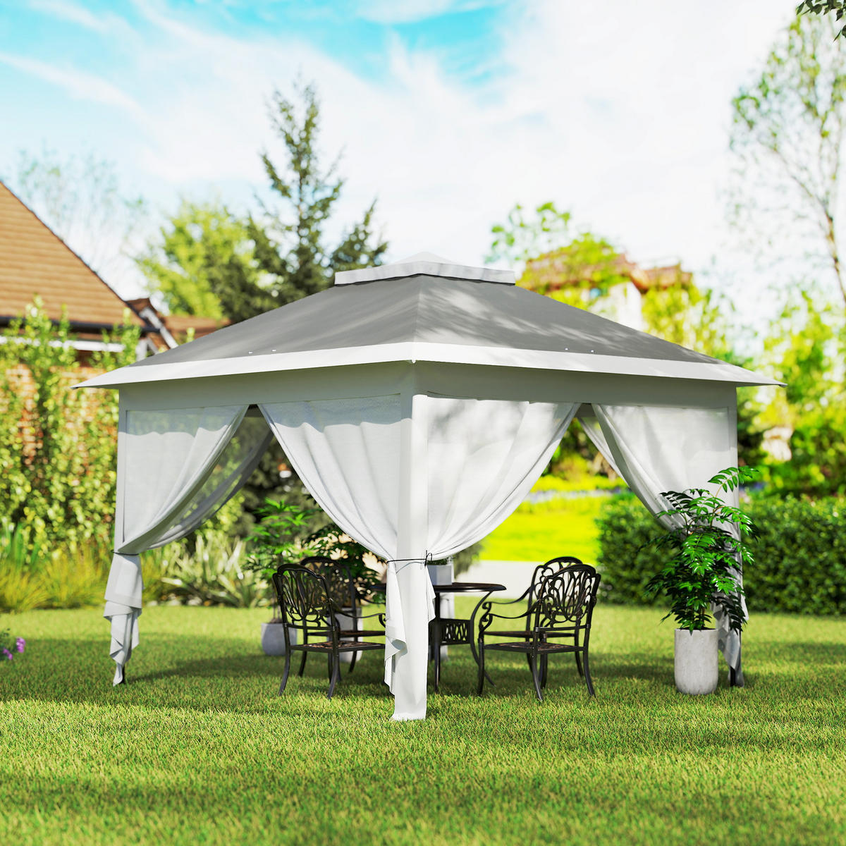 PAVILLON DE-07448 mit Netzvorhängen und Entwässerungslöchern Grau - Dunkelgrau, Textil/Metall (330/288/330cm) - ComfortXL