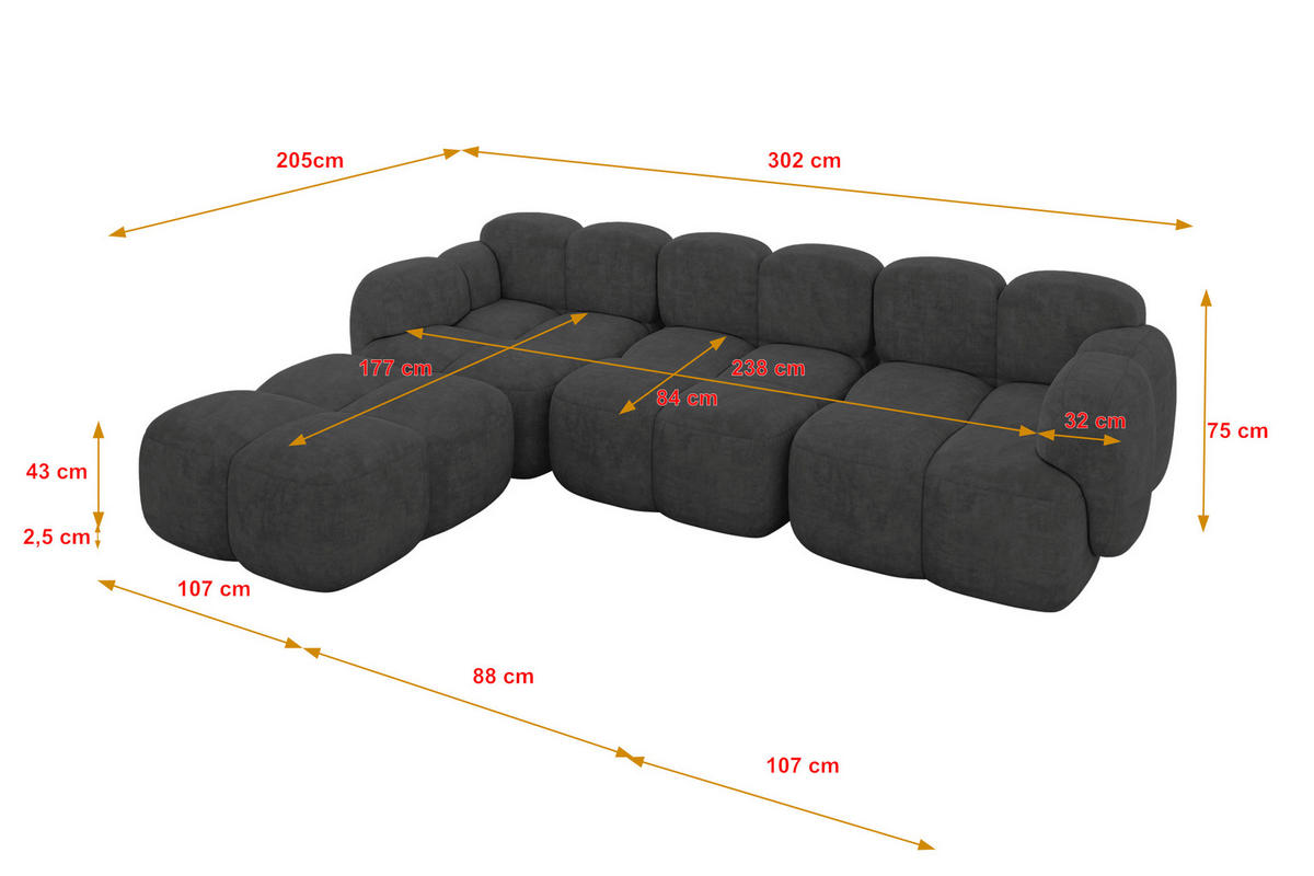 ECKSOFA modulares Sofa Links Miko-L2 302x205x75 Dunkelgrau Velours - Dunkelgrau/Schwarz, Holzwerkstoff/Kunststoff (302/205cm) - ALTDECOR