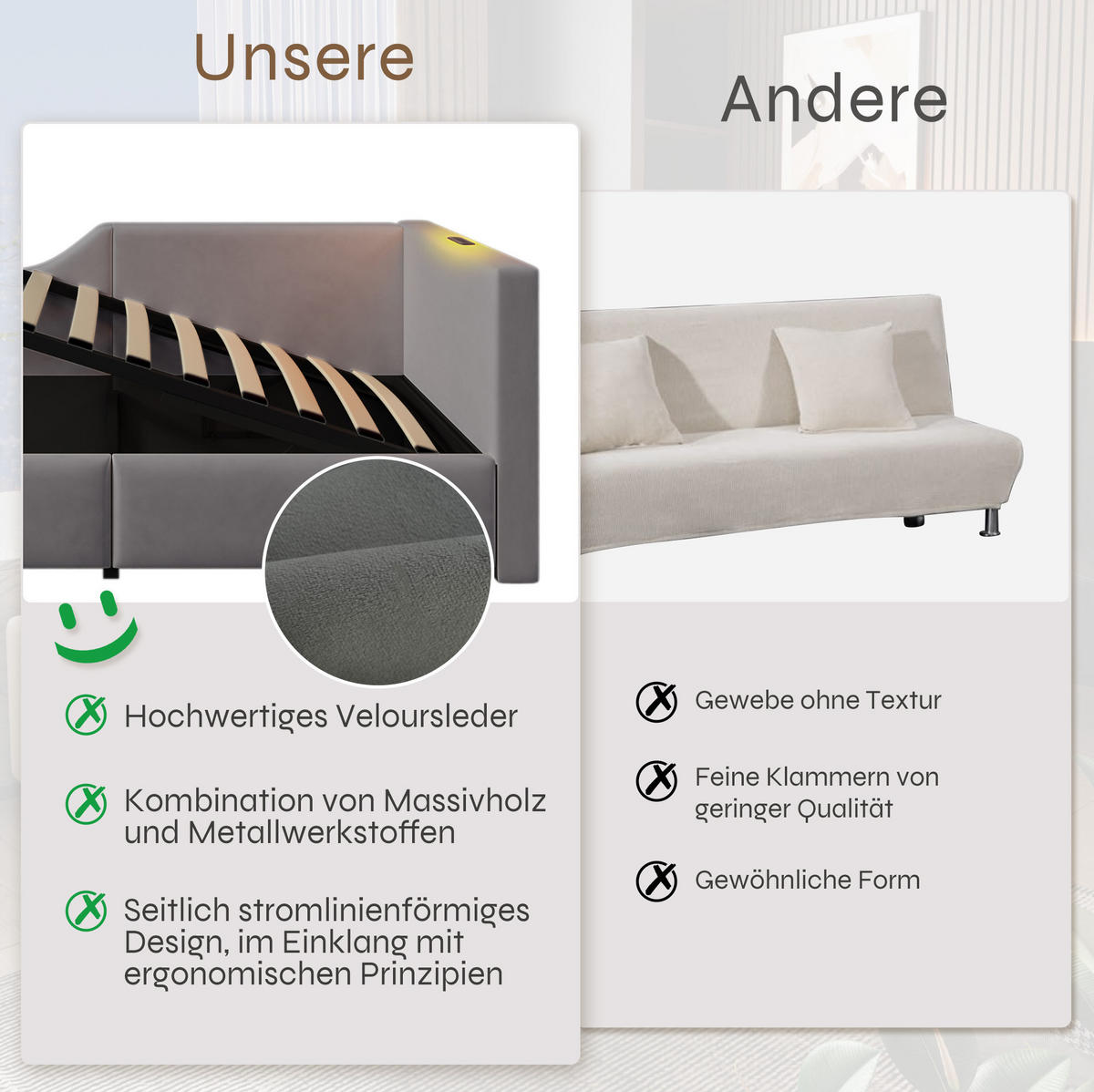 POLSTERBETT 90/190 cm mit hydraulischem Stauraum, USB-C, Leselampe und Lattenrost, Samt, Grau - Grau, Holz (90/190cm) - Redom