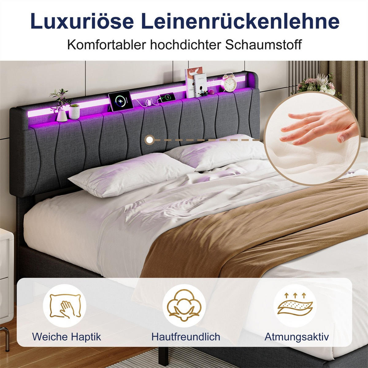 POLSTERBETT 140x200 cm mit LED-Beleuchtung - Kopfteil mit Ladefunktion - Gepolstertes Kopfteil - Grau - Grau, Textil (140/200cm) - DELFA