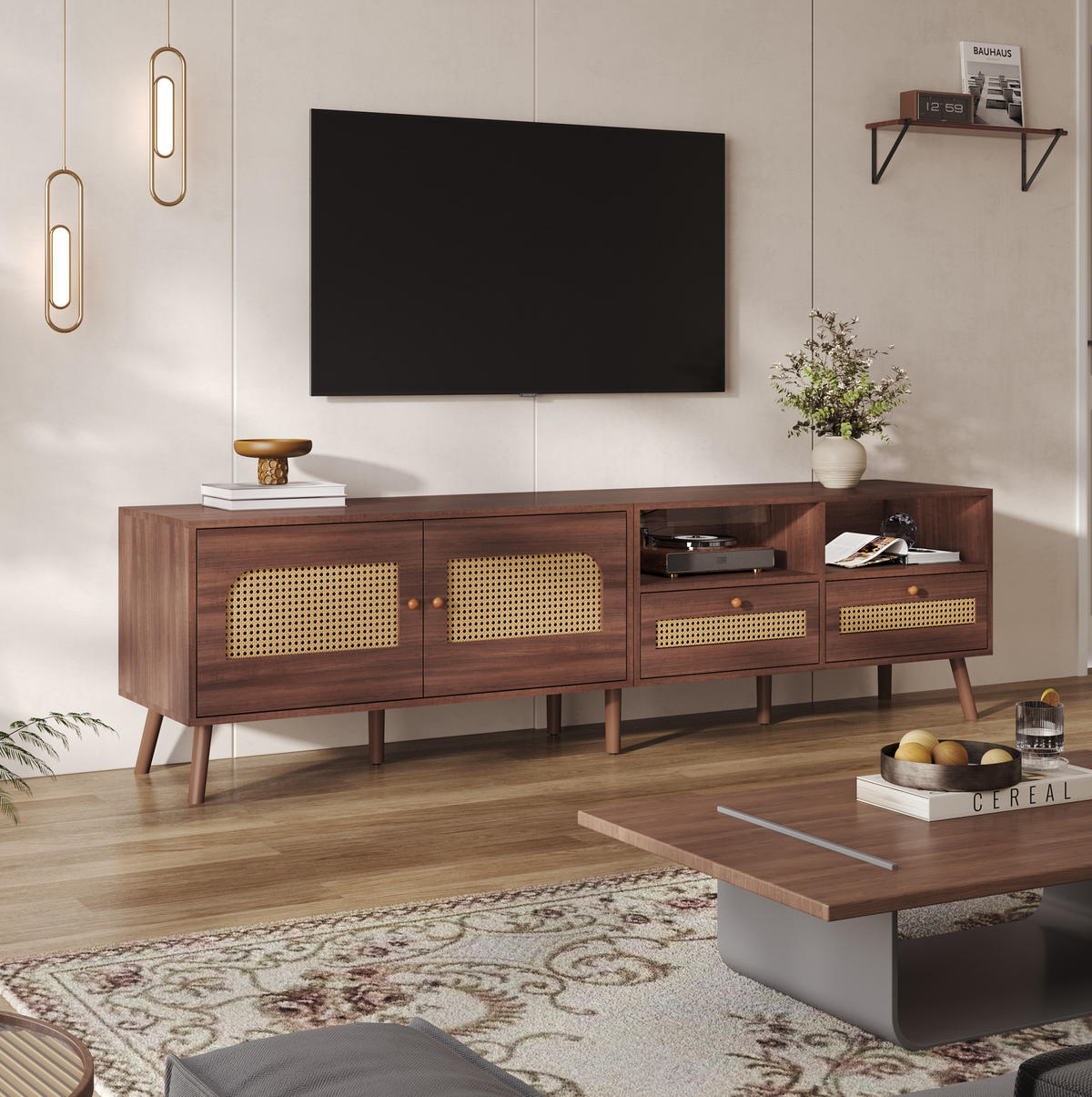 TV ormarić od iverice 200x37x49,5 cm smeđa s vratima od ratana, 2 ladice i 8 nogu - smeđa, drvni materijal (200/49.5/37cm) - Modfu