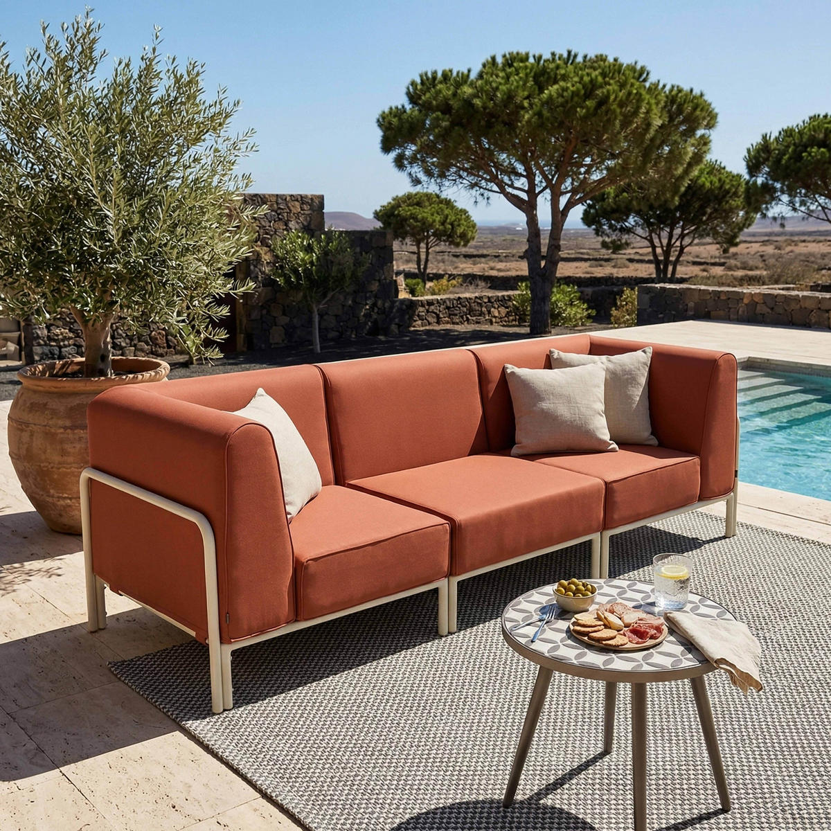 GARTENSOFA mit 3 Sitzplätzen, Terrakotta - Rot, Textil (80/78/216cm) - Oviala