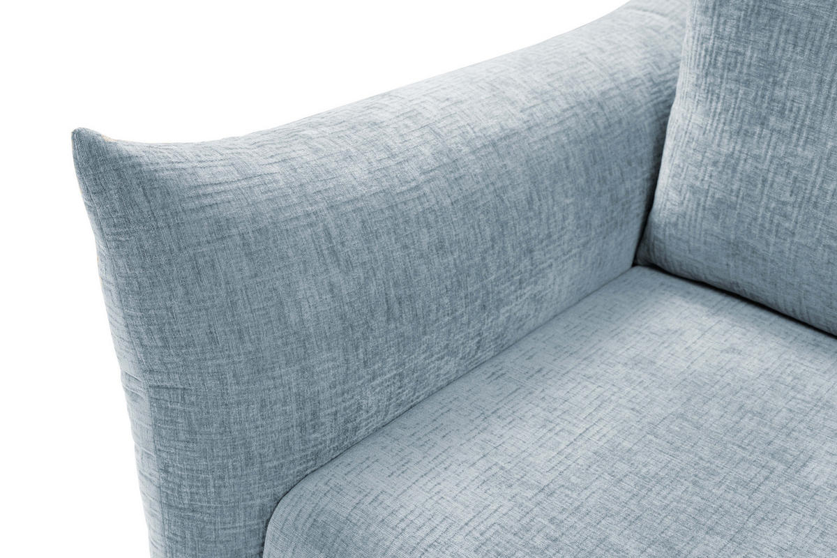 SOFA ADEL - Schlaffunktion Und Bettkasten, Wellenfederung, PUR-Schaum, Schwarze Metallfüße lose Rückenkissen, freistehend, 240x108x75 cm Light blue - Hellblau, Holz/Textil (240/75/108cm) - DomoHome