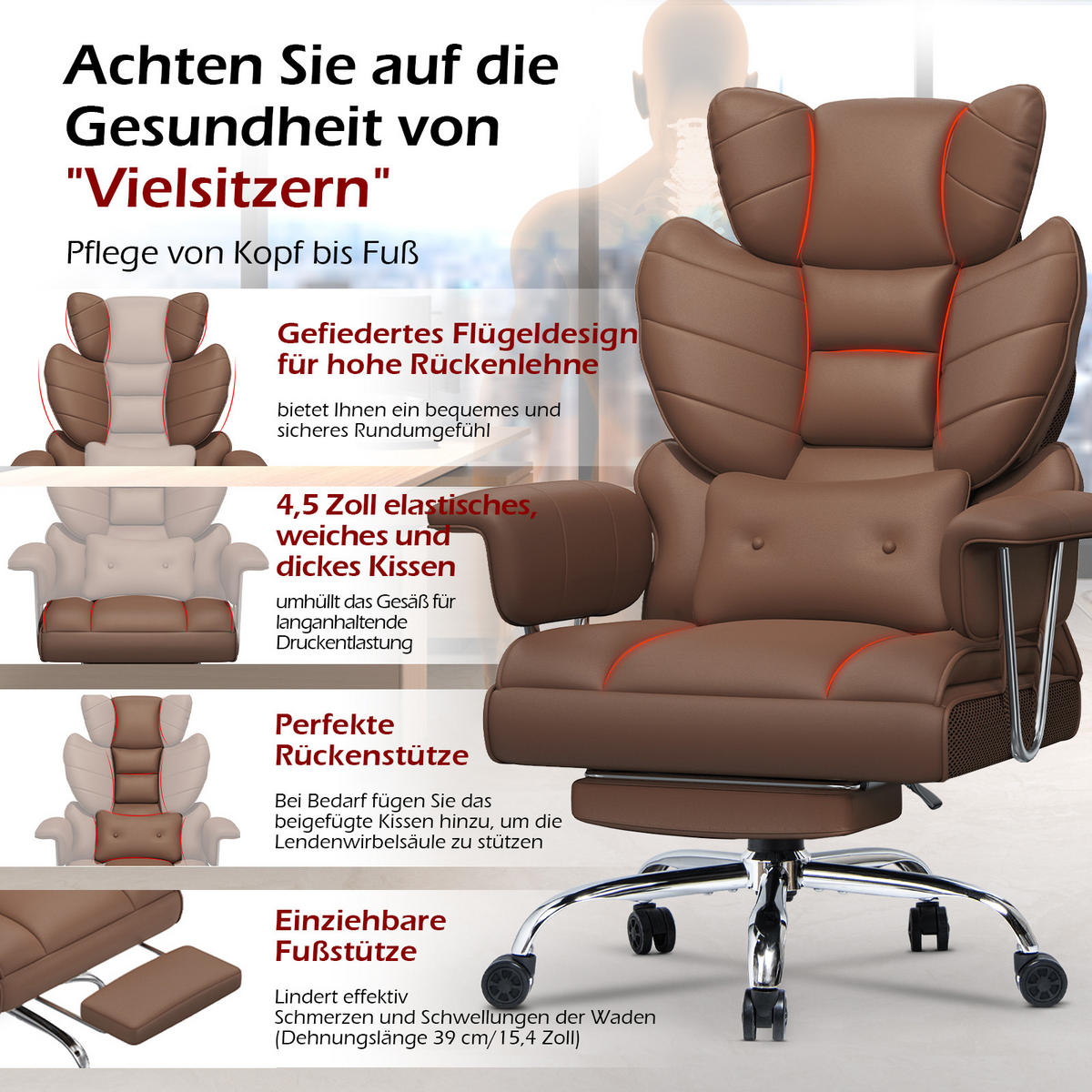 CHEFSESSEL ergonomisch, Leder, Fußstütze – Braun - Braun, Metall (58/128/50cm) - Rattantree